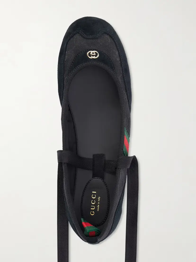 Gucci Embellished Webbing-trimmed Canvas And Suede Ballet Flats | Thumbnail 6 Gucci Embellished Webbing-trimmed Canvas And Suede Ballet Flats | Thumbnail 6