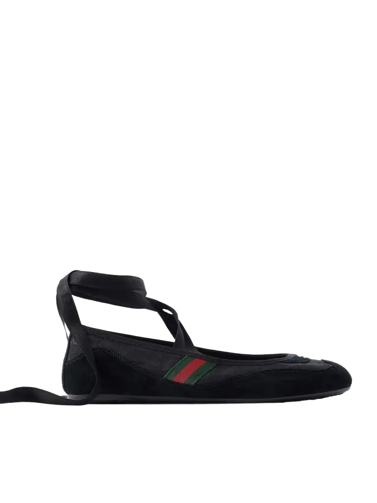 Gucci Embellished Webbing-trimmed Canvas And Suede Ballet Flats | Image 1 Gucci Embellished Webbing-trimmed Canvas And Suede Ballet Flats | Image 1