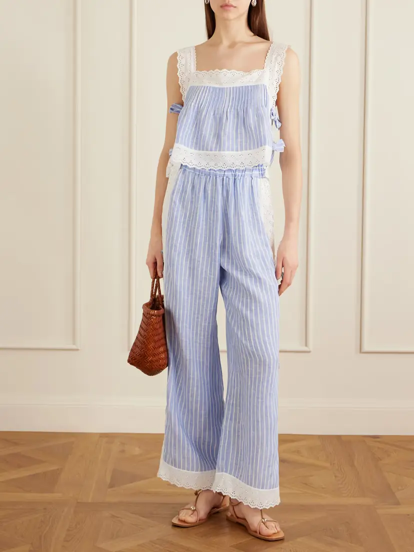 Loretta Caponi Clarissa Bow-embellished Striped Broderie Anglaise-trimmed Linen Straight-leg Pants | Thumbnail 2 Loretta Caponi Clarissa Bow-embellished Striped Broderie Anglaise-trimmed Linen Straight-leg Pants | Thumbnail 2