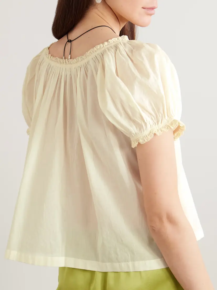 DÔEN Frederica Pintucked Lace-trimmed Organic Cotton-voile Blouse - Pastel yellow | Thumbnail 3