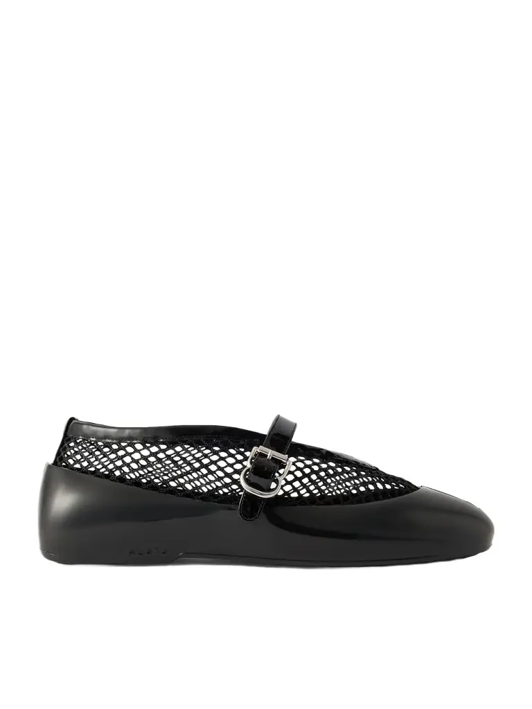 Patent Leather-trimmed Mesh And Rubber Ballet Flats