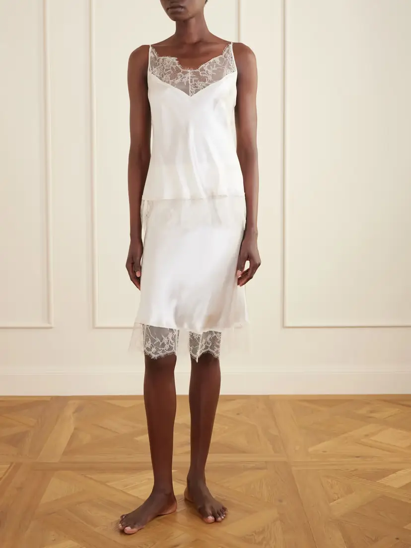 Carine Gilson Lace-trimmed Silk-satin Midi Skirt - Ivory | Thumbnail 3 Carine Gilson Lace-trimmed Silk-satin Midi Skirt - Ivory | Thumbnail 3