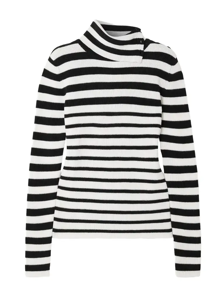 Sabrine Button-detailed Striped Ribbed Cotton And Cashmere-blend Turtleneck Sweater Sabrine Button-detailed Striped Ribbed Cotton And Cashmere-blend Turtleneck Sweater