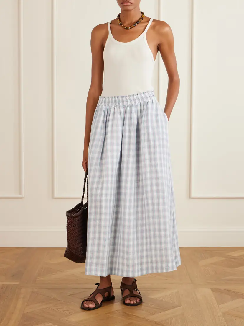 SKALL Pleated Checked Linen Midi Skirt | Thumbnail 2