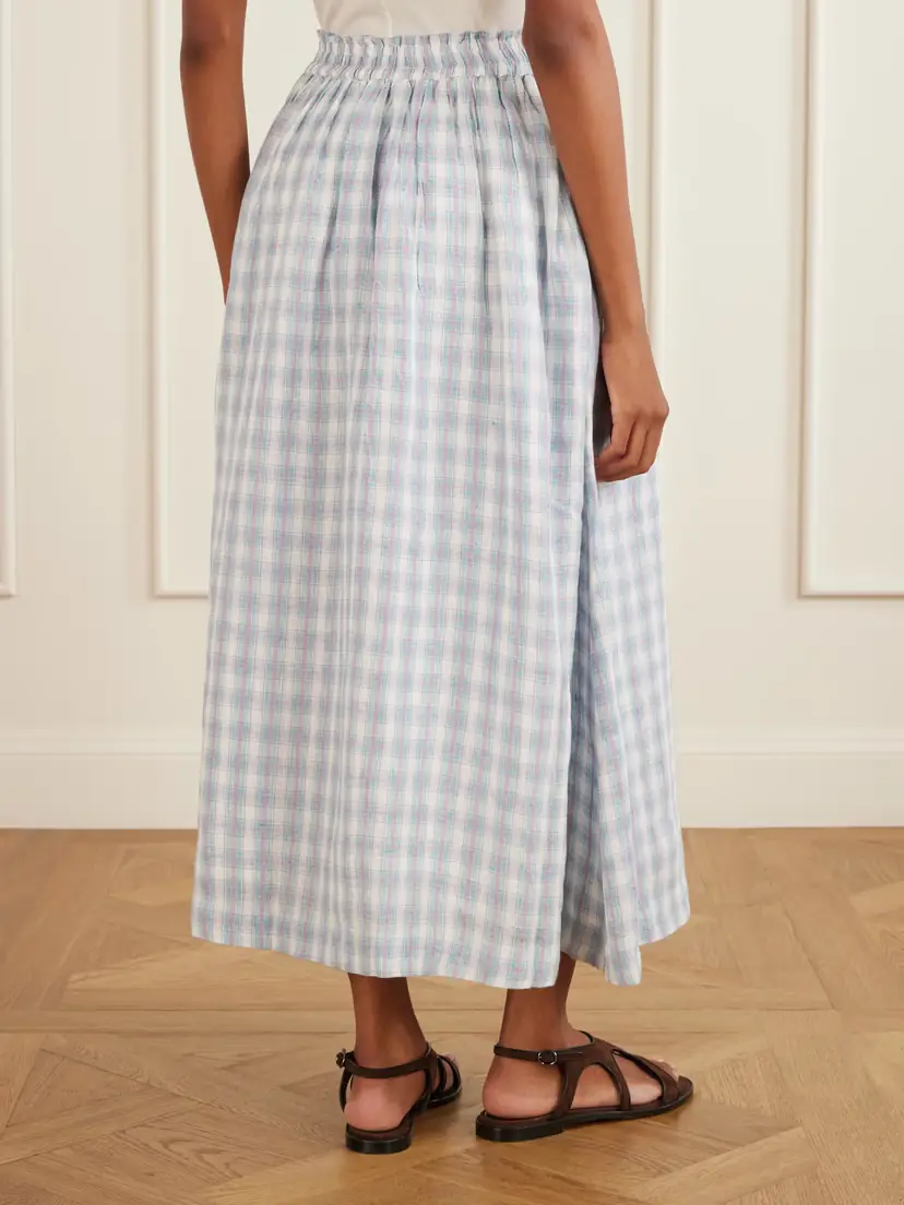 SKALL Pleated Checked Linen Midi Skirt | Thumbnail 3