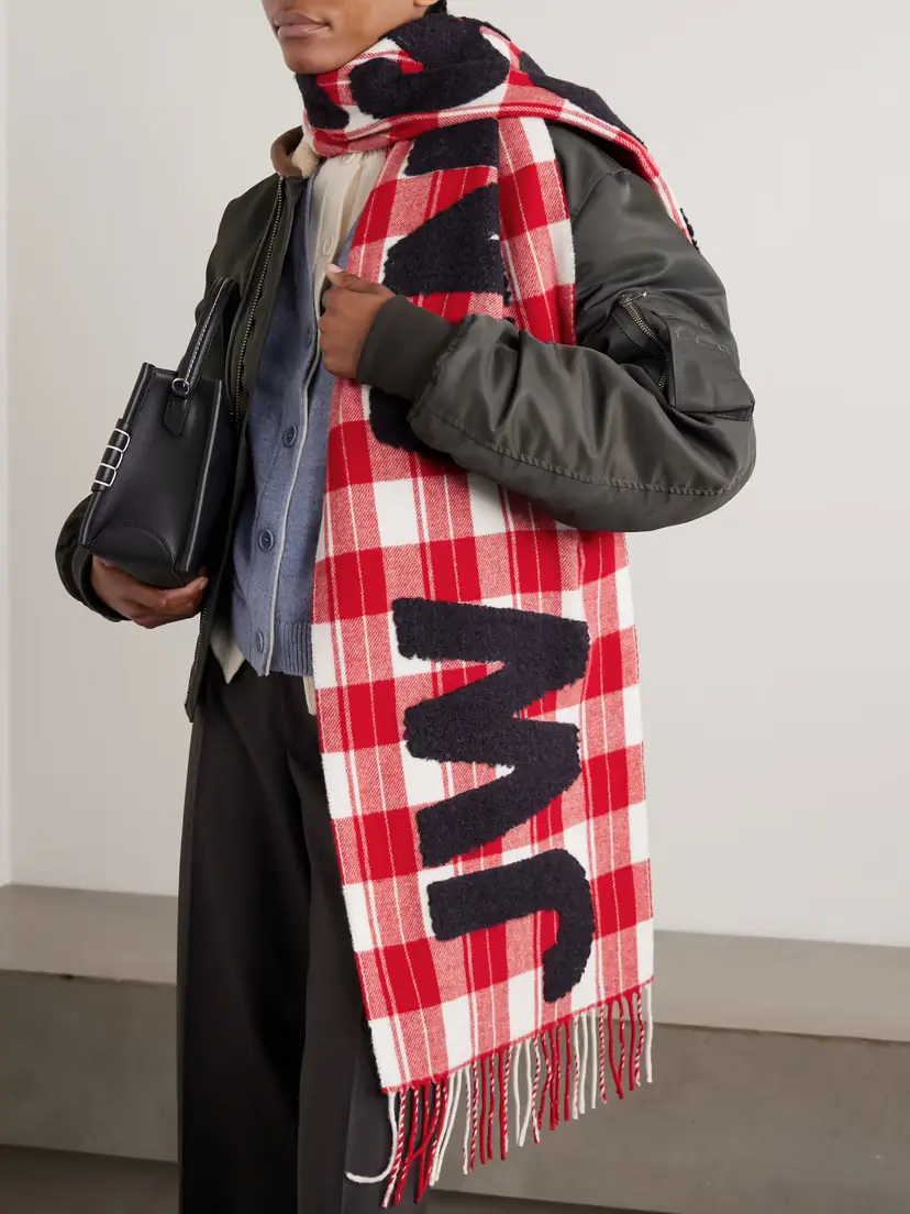 JW Anderson Fringed Appliquéd Checked Wool-blend Scarf | Thumbnail 2 JW Anderson Fringed Appliquéd Checked Wool-blend Scarf | Thumbnail 2