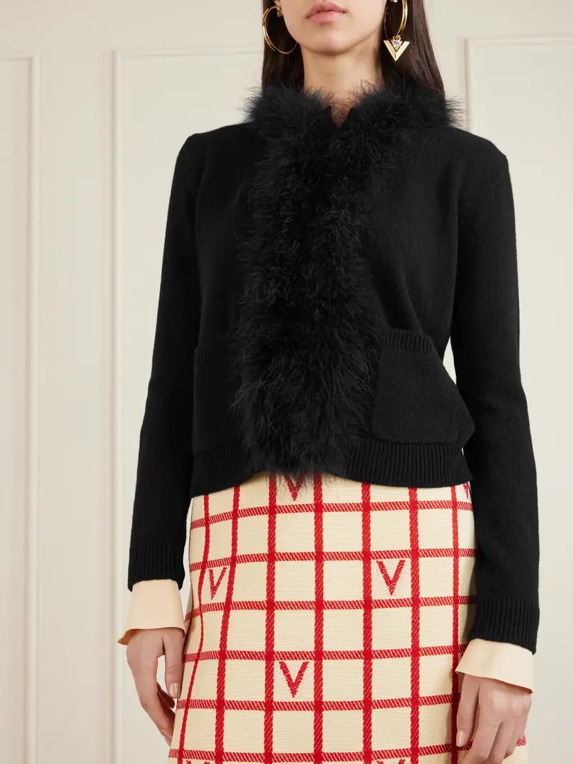 Valentino Garavani Feather-trimmed Wool Cardigan | Thumbnail 4 Valentino Garavani Feather-trimmed Wool Cardigan | Thumbnail 4