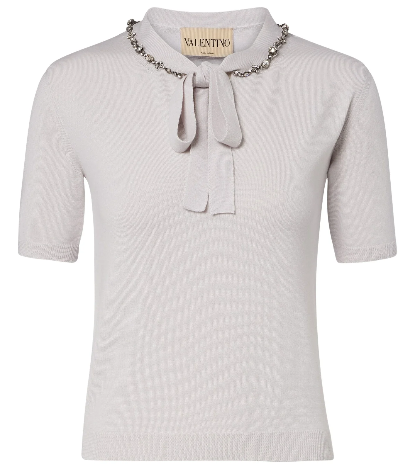 Embellished tie-neck virgin wool sweater