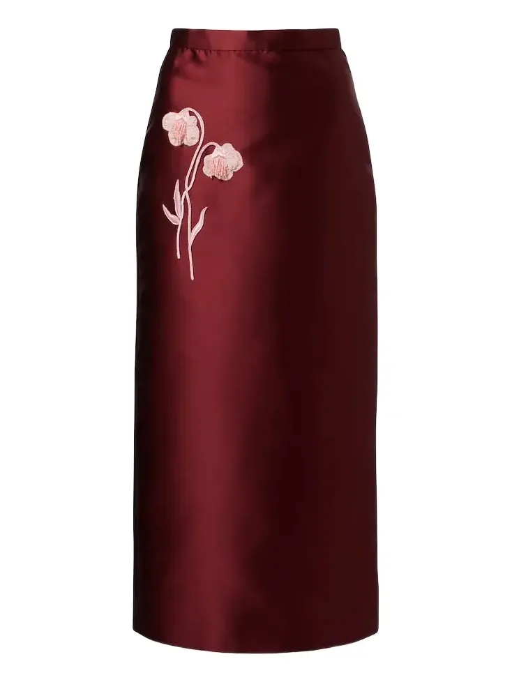 Floral-appliqué satin slip skirt Floral-appliqué satin slip skirt