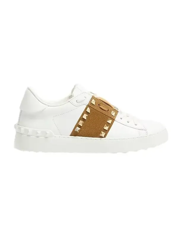Women's Rockstud Untitled Sneakers in Calfskin with Suede Band - White Havana Beige Women's Rockstud Untitled Sneakers in Calfskin with Suede Band - White Havana Beige