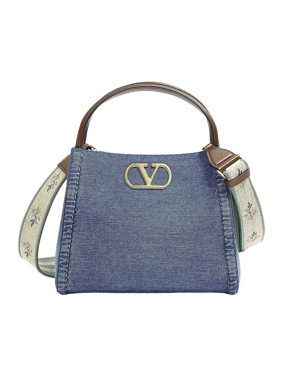 Valentino Women's Alltime Medium Top Handle Bag in Denim with Embroidered Strap - Denim