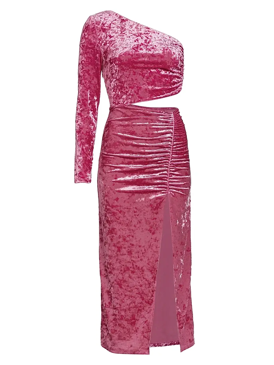 Saylor Women's Niamh Asymmetric Stretch Velvet Dress - Bubblegum | Image 1 Saylor Women's Niamh Asymmetric Stretch Velvet Dress - Bubblegum | Image 1