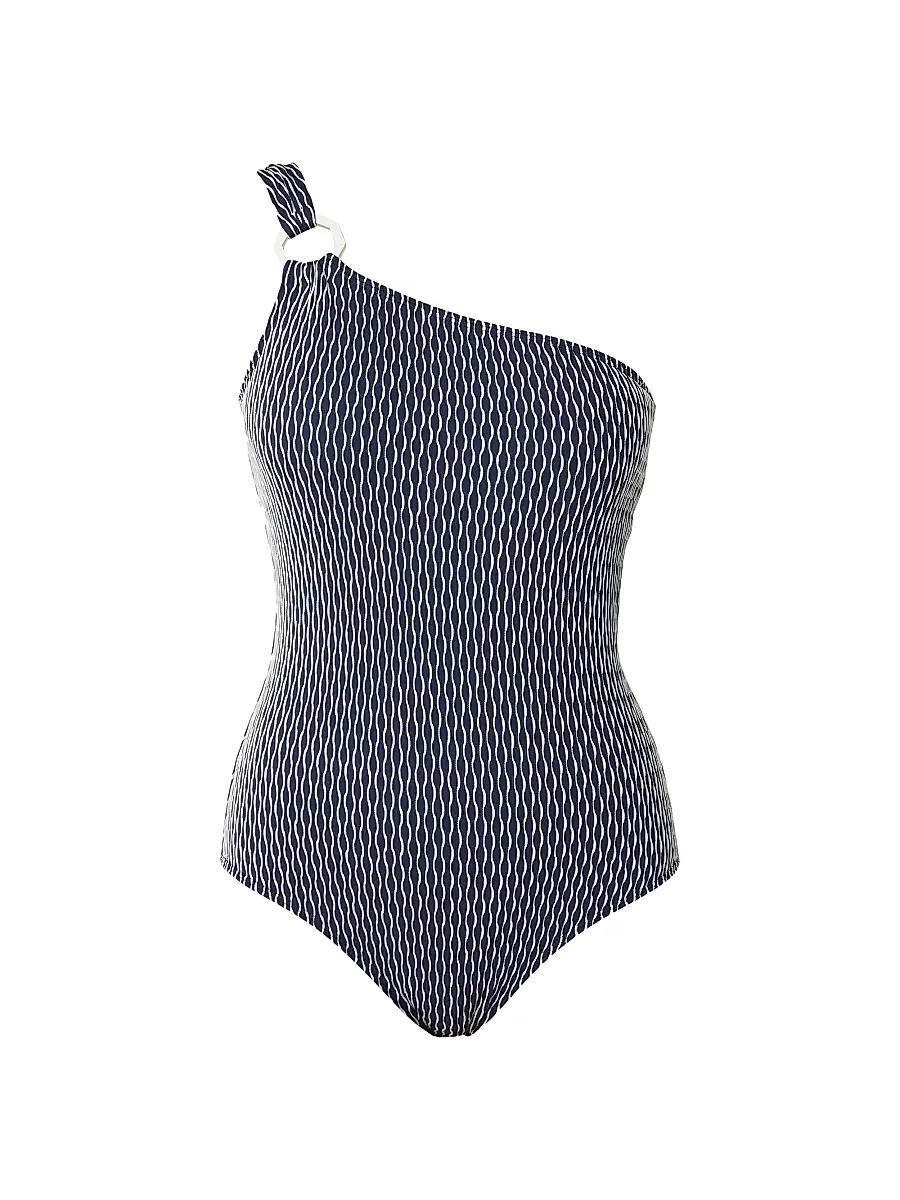 Shoshanna Women's Ring-Embellished One-Shoulder One-Piece Swimsuit - Navy White | Image 1 Shoshanna Women's Ring-Embellished One-Shoulder One-Piece Swimsuit - Navy White | Image 1