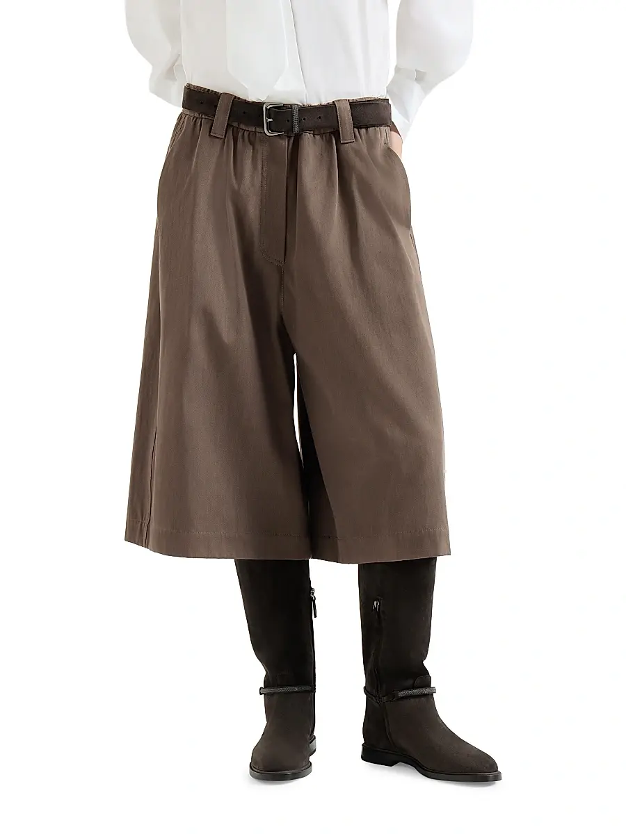 Brunello Cucinelli Women's Couture Cotton Gabardine Long Bermuda Shorts with Monili - Pine Cone Brown | Thumbnail 2