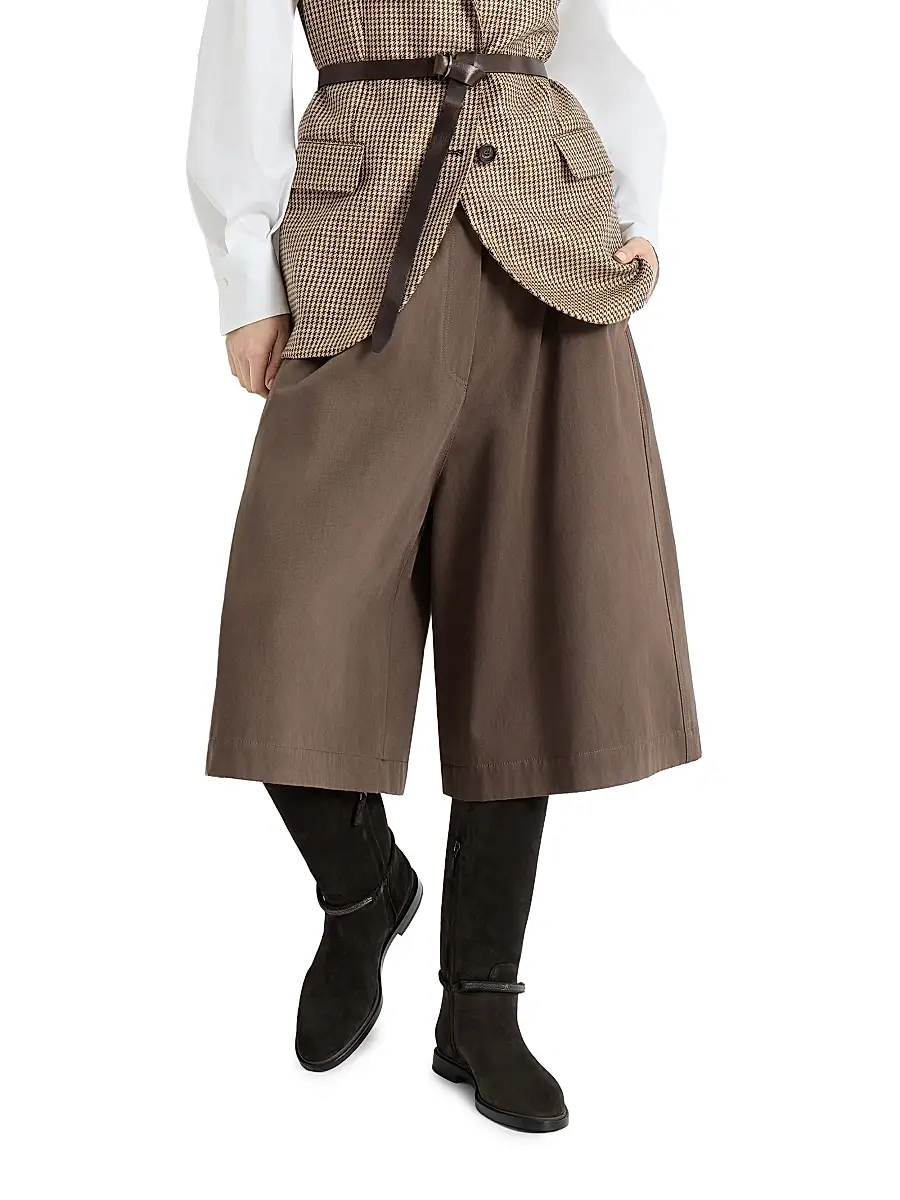 Brunello Cucinelli Women's Couture Cotton Gabardine Long Bermuda Shorts with Monili - Pine Cone Brown | Thumbnail 4