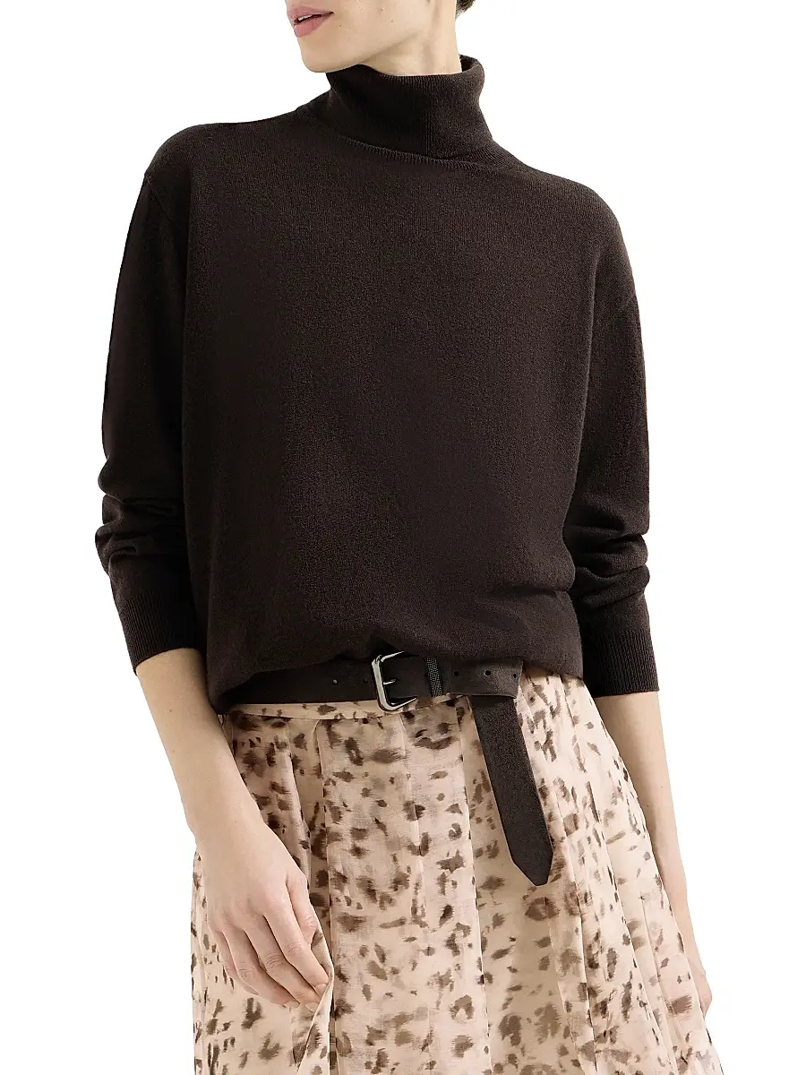 Brunello Cucinelli Women's Cashmere Turtleneck Sweater with Monili - Coffee | Thumbnail 2 Brunello Cucinelli Women's Cashmere Turtleneck Sweater with Monili - Coffee | Thumbnail 2