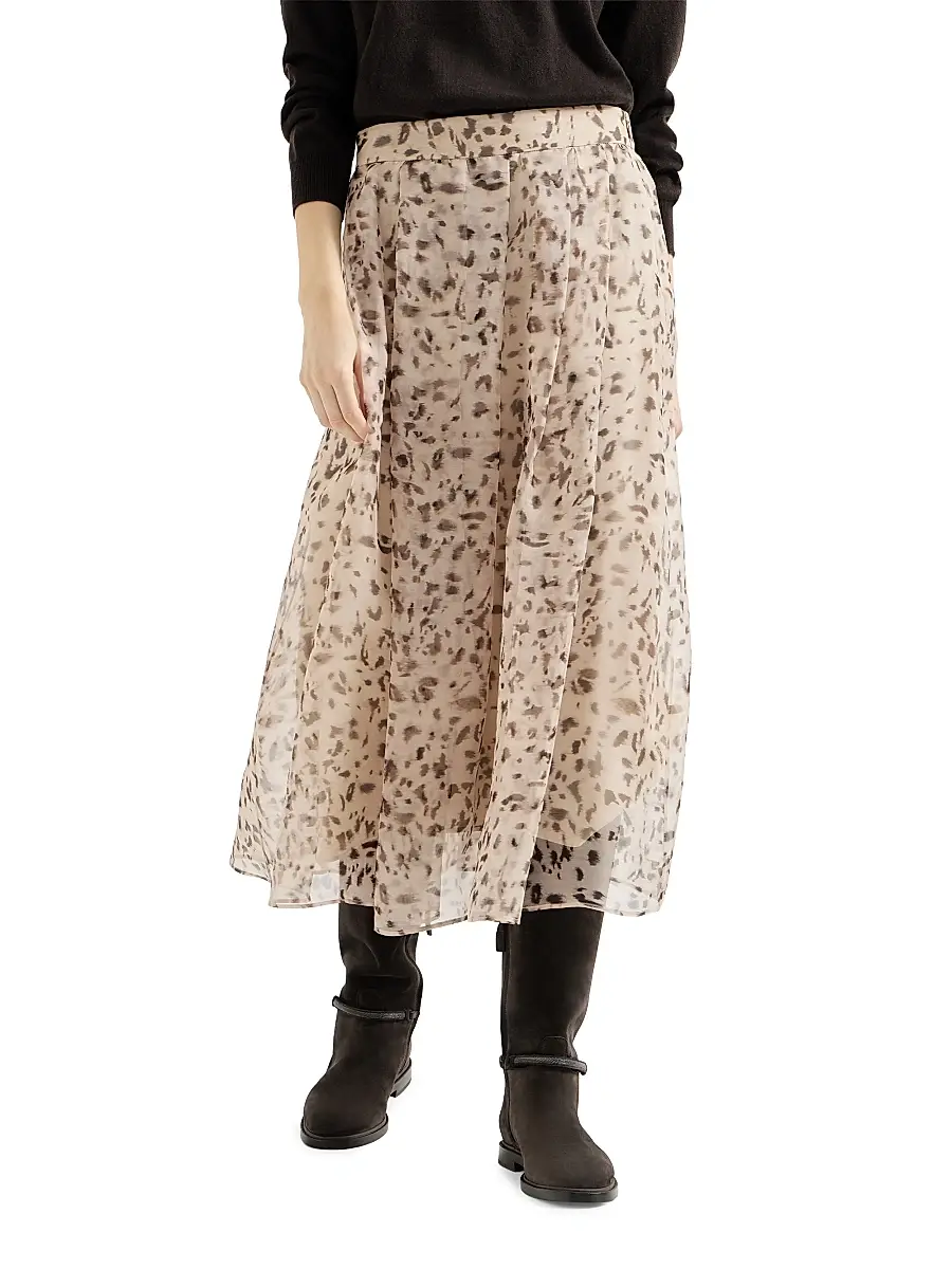 Brunello Cucinelli Women's Lynx Print Silk Organza Pleated Skirt | Thumbnail 2 Brunello Cucinelli Women's Lynx Print Silk Organza Pleated Skirt | Thumbnail 2