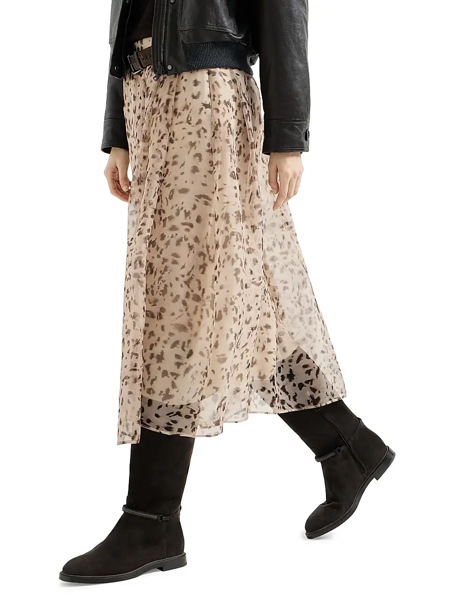 Brunello Cucinelli Women's Lynx Print Silk Organza Pleated Skirt | Thumbnail 3 Brunello Cucinelli Women's Lynx Print Silk Organza Pleated Skirt | Thumbnail 3