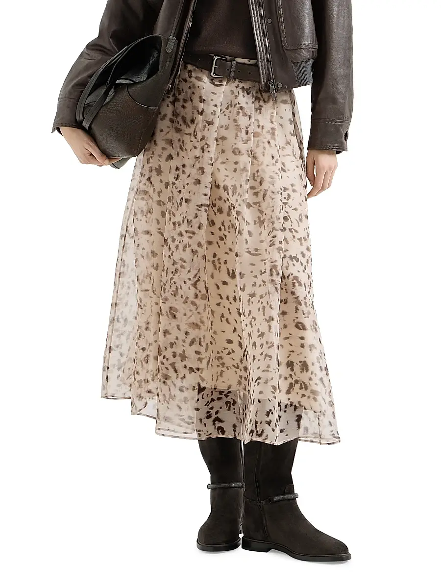 Brunello Cucinelli Women's Lynx Print Silk Organza Pleated Skirt | Thumbnail 6 Brunello Cucinelli Women's Lynx Print Silk Organza Pleated Skirt | Thumbnail 6