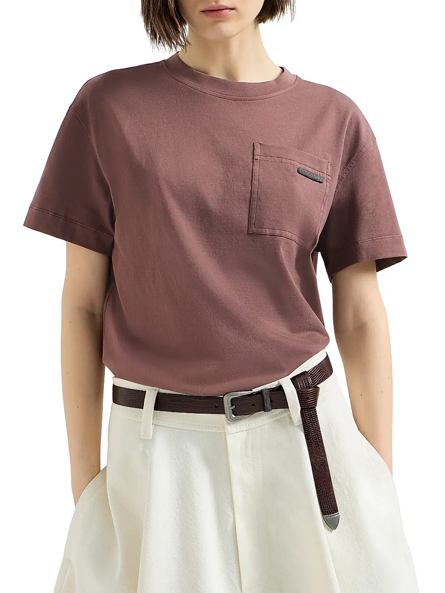 Brunello Cucinelli Women's Cotton Jersey T-Shirt with Shiny Tab - Grape | Thumbnail 2