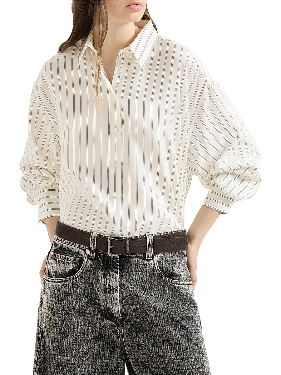 Brunello Cucinelli Women's Striped Silk Poplin Shirt with Monili | Thumbnail 2 Brunello Cucinelli Women's Striped Silk Poplin Shirt with Monili | Thumbnail 2