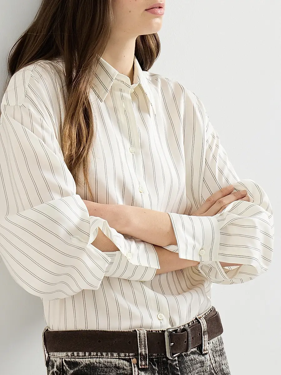 Brunello Cucinelli Women's Striped Silk Poplin Shirt with Monili | Thumbnail 5 Brunello Cucinelli Women's Striped Silk Poplin Shirt with Monili | Thumbnail 5
