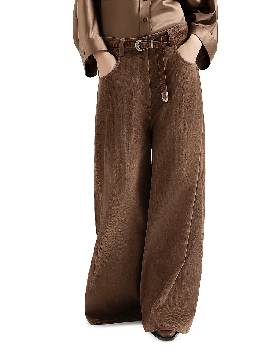 Brunello Cucinelli Women's Stretch Cotton and Cashmere Corduroy Five Pocket Maxi Trousers with Monili - Cigar | Thumbnail 2