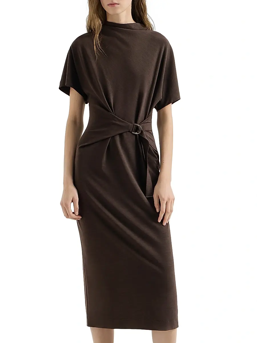 Brunello Cucinelli Women's Techno Wool Jersey Wrap Belt Dress with Monili - Coffee | Thumbnail 2 Brunello Cucinelli Women's Techno Wool Jersey Wrap Belt Dress with Monili - Coffee | Thumbnail 2