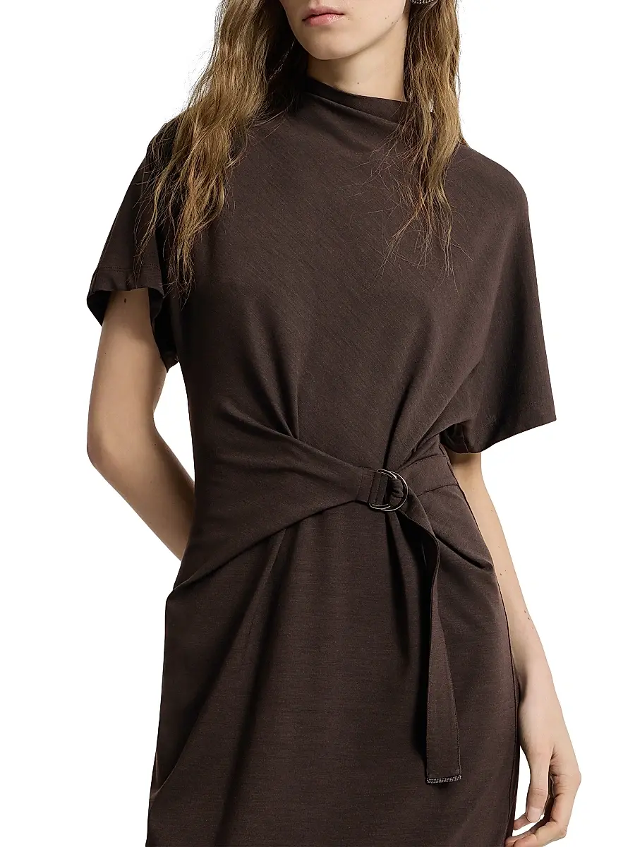 Brunello Cucinelli Women's Techno Wool Jersey Wrap Belt Dress with Monili - Coffee | Thumbnail 4 Brunello Cucinelli Women's Techno Wool Jersey Wrap Belt Dress with Monili - Coffee | Thumbnail 4