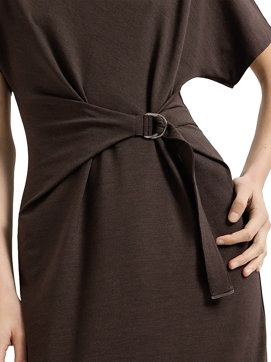 Brunello Cucinelli Women's Techno Wool Jersey Wrap Belt Dress with Monili - Coffee | Thumbnail 5 Brunello Cucinelli Women's Techno Wool Jersey Wrap Belt Dress with Monili - Coffee | Thumbnail 5