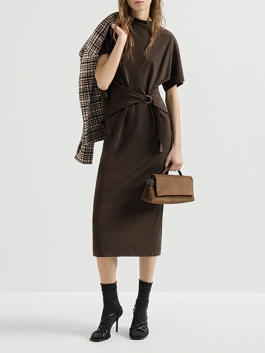 Brunello Cucinelli Women's Techno Wool Jersey Wrap Belt Dress with Monili - Coffee | Thumbnail 6 Brunello Cucinelli Women's Techno Wool Jersey Wrap Belt Dress with Monili - Coffee | Thumbnail 6