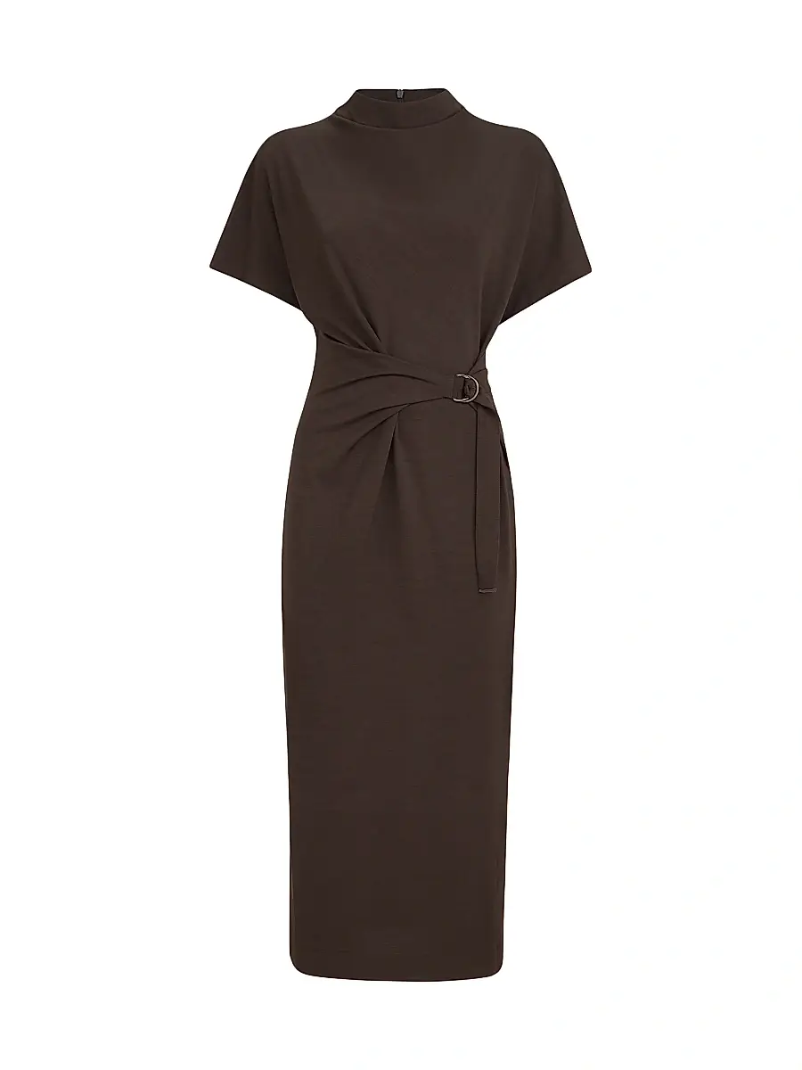 Brunello Cucinelli Women's Techno Wool Jersey Wrap Belt Dress with Monili - Coffee