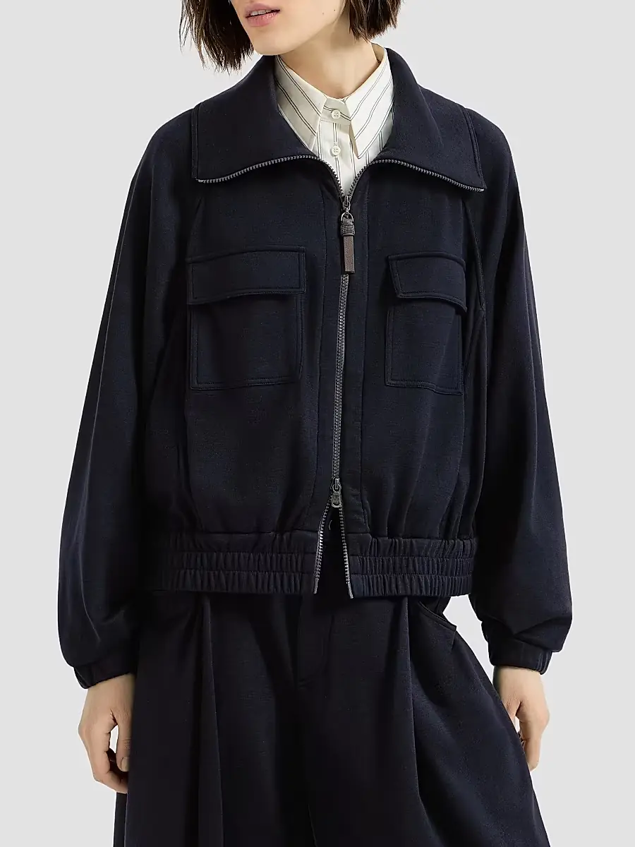 Brunello Cucinelli Women's Cotton and Silk Interlock Cardigan with Shiny Zipper Pull | Thumbnail 2 Brunello Cucinelli Women's Cotton and Silk Interlock Cardigan with Shiny Zipper Pull | Thumbnail 2