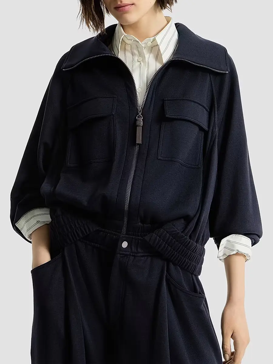 Brunello Cucinelli Women's Cotton and Silk Interlock Cardigan with Shiny Zipper Pull | Thumbnail 4 Brunello Cucinelli Women's Cotton and Silk Interlock Cardigan with Shiny Zipper Pull | Thumbnail 4