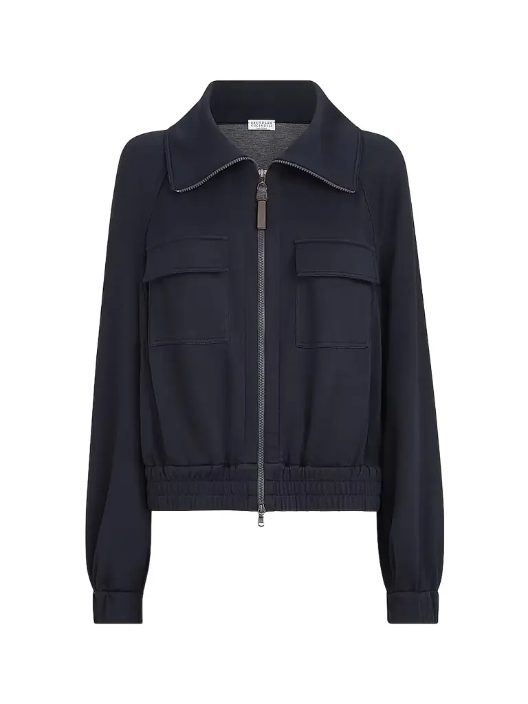 Brunello Cucinelli Women's Cotton and Silk Interlock Cardigan with Shiny Zipper Pull - Night | Image 1 Brunello Cucinelli Women's Cotton and Silk Interlock Cardigan with Shiny Zipper Pull - Night | Image 1