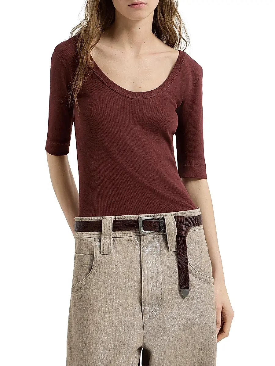 Brunello Cucinelli Women's Stretch Cotton Ribbed Jersey T-Shirt with Monili - Wine | Thumbnail 2 Brunello Cucinelli Women's Stretch Cotton Ribbed Jersey T-Shirt with Monili - Wine | Thumbnail 2