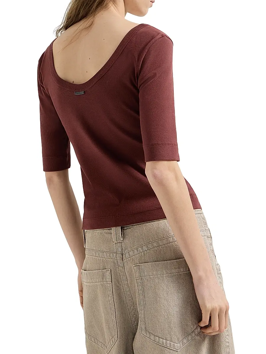Brunello Cucinelli Women's Stretch Cotton Ribbed Jersey T-Shirt with Monili - Wine | Thumbnail 3 Brunello Cucinelli Women's Stretch Cotton Ribbed Jersey T-Shirt with Monili - Wine | Thumbnail 3