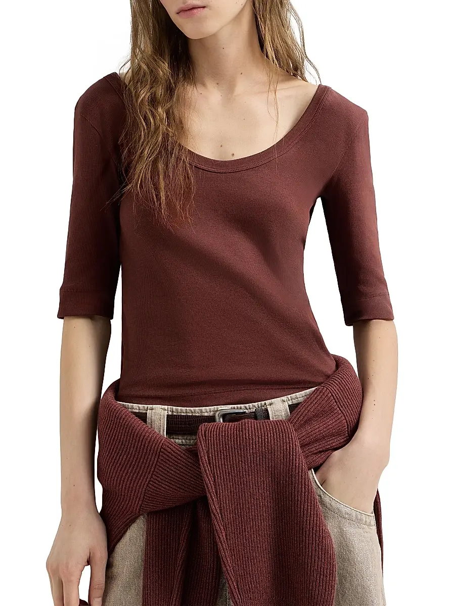 Brunello Cucinelli Women's Stretch Cotton Ribbed Jersey T-Shirt with Monili - Wine | Thumbnail 4 Brunello Cucinelli Women's Stretch Cotton Ribbed Jersey T-Shirt with Monili - Wine | Thumbnail 4