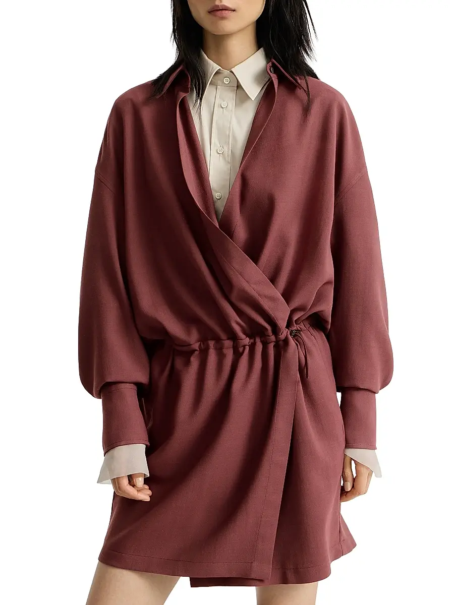 Brunello Cucinelli Women's Virgin Wool Fluid Twill Shirt Dress with Monili - Wine | Thumbnail 2