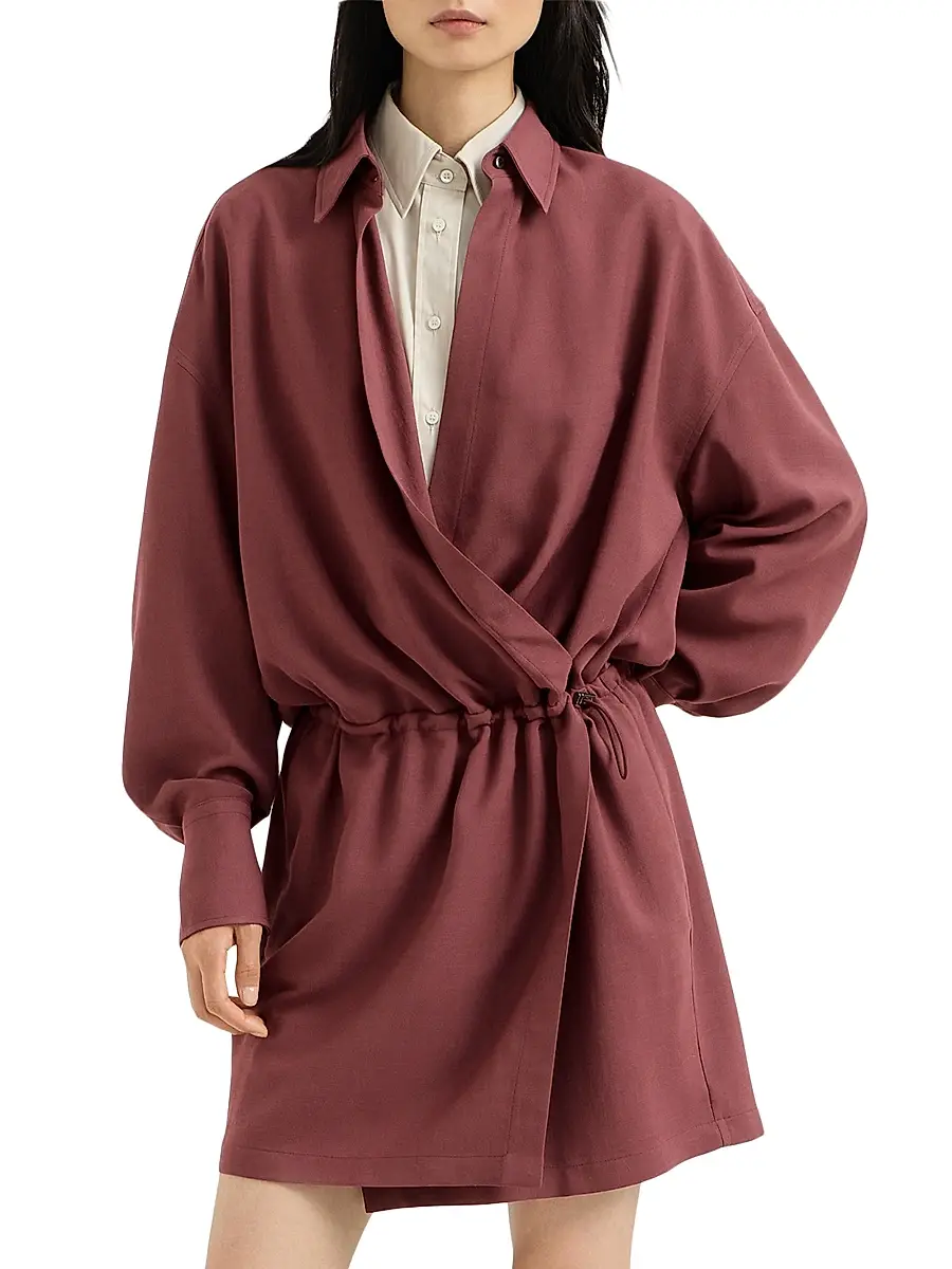 Brunello Cucinelli Women's Virgin Wool Fluid Twill Shirt Dress with Monili - Wine | Thumbnail 4