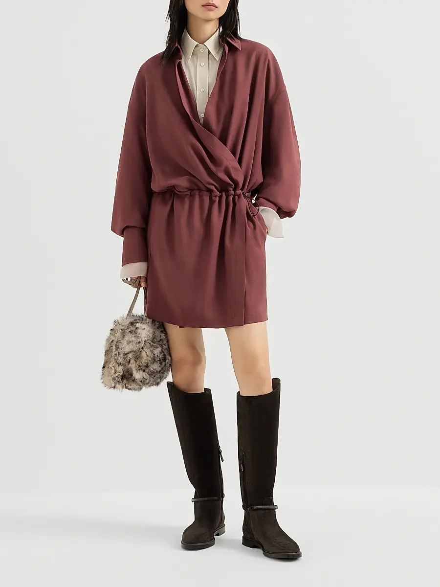 Brunello Cucinelli Women's Virgin Wool Fluid Twill Shirt Dress with Monili - Wine | Thumbnail 6