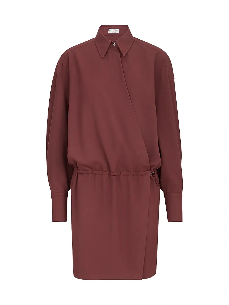 Brunello Cucinelli Women's Virgin Wool Fluid Twill Shirt Dress with Monili - Wine