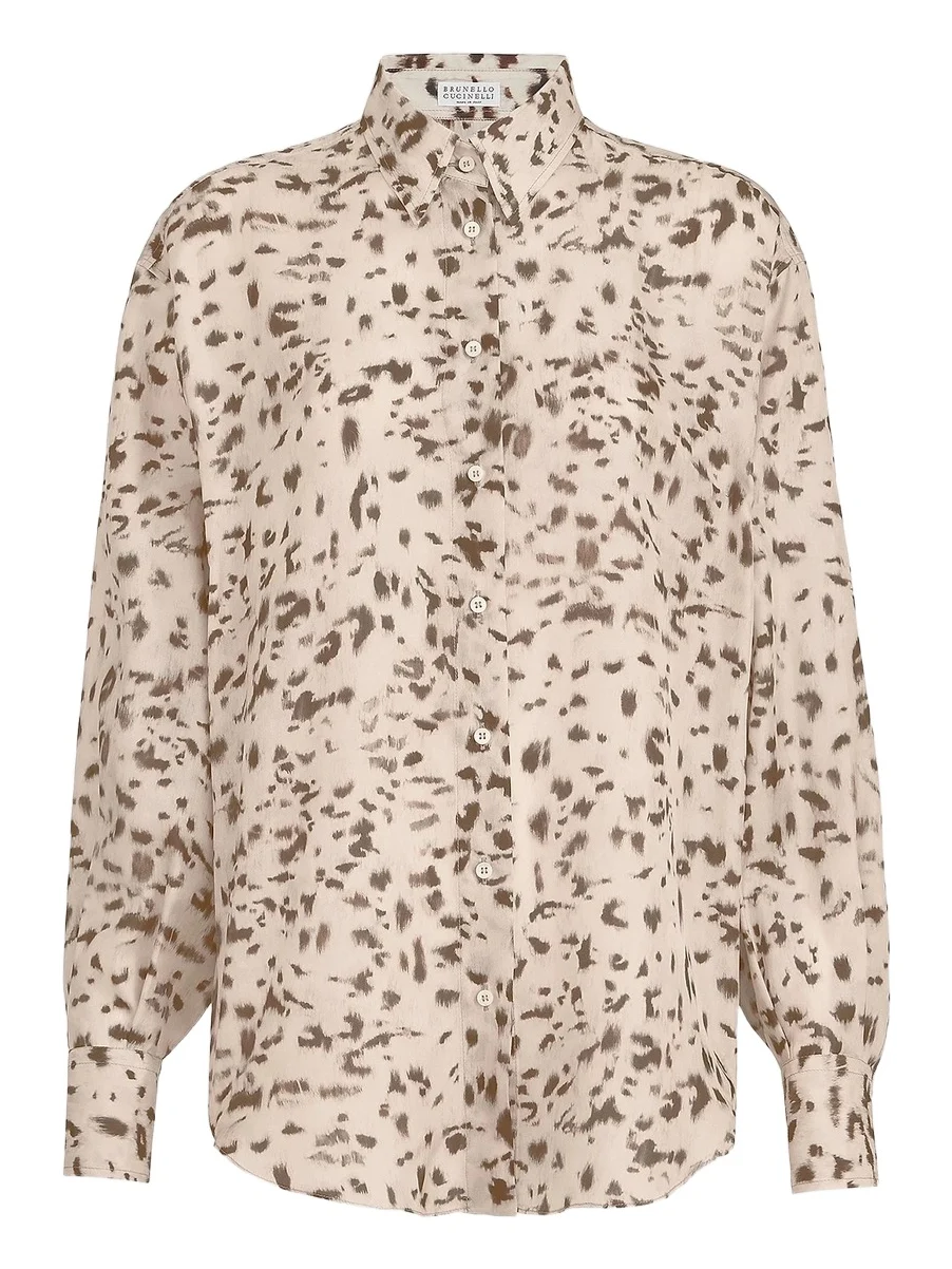 Brunello Cucinelli Women's Lynx Print Silk Pongee Shirt with Monili - Beige