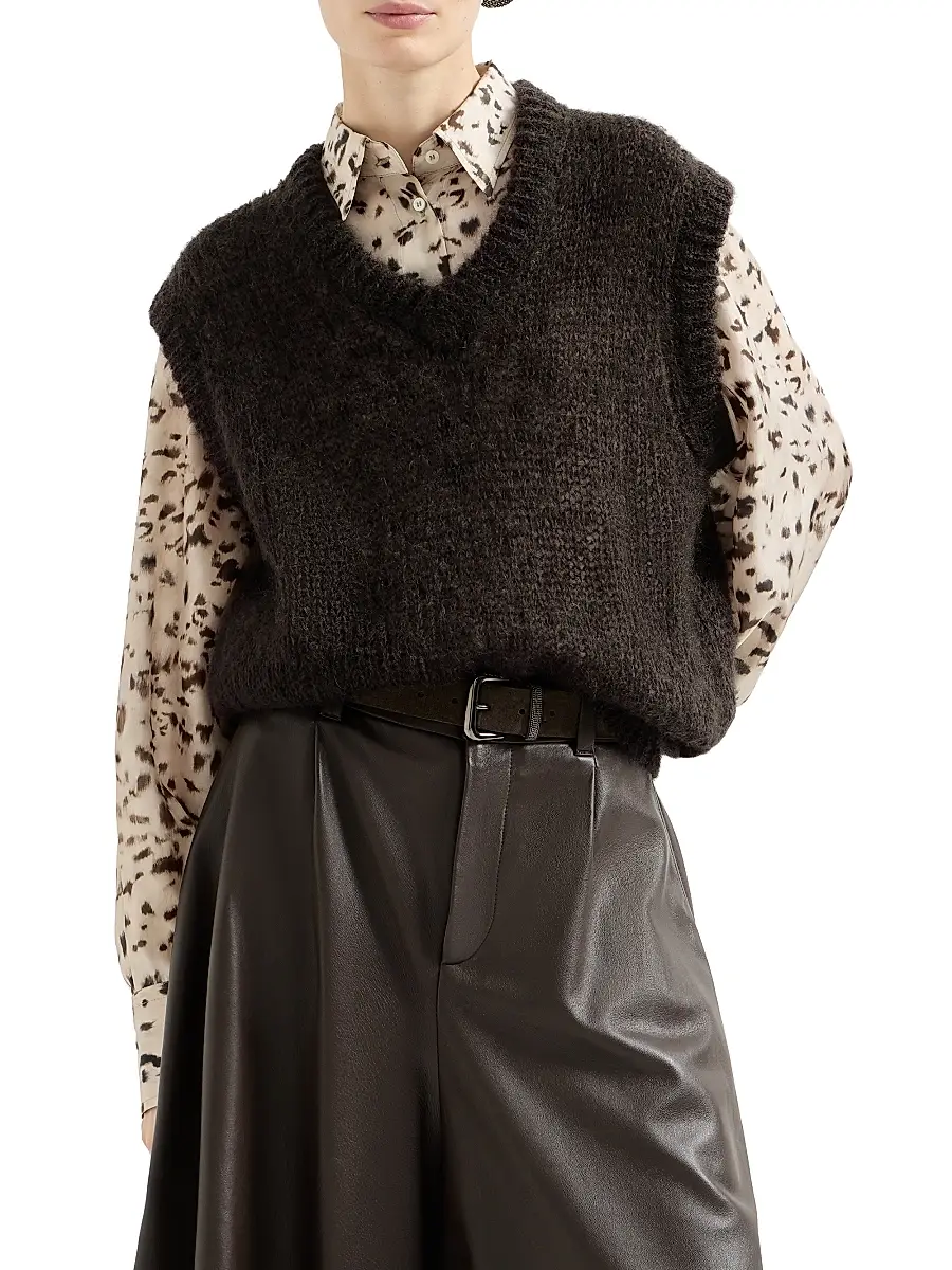 Brunello Cucinelli Women's Sparkling Mohair Sweater Vest with Monili - Pine Cone Brown | Thumbnail 2 Brunello Cucinelli Women's Sparkling Mohair Sweater Vest with Monili - Pine Cone Brown | Thumbnail 2