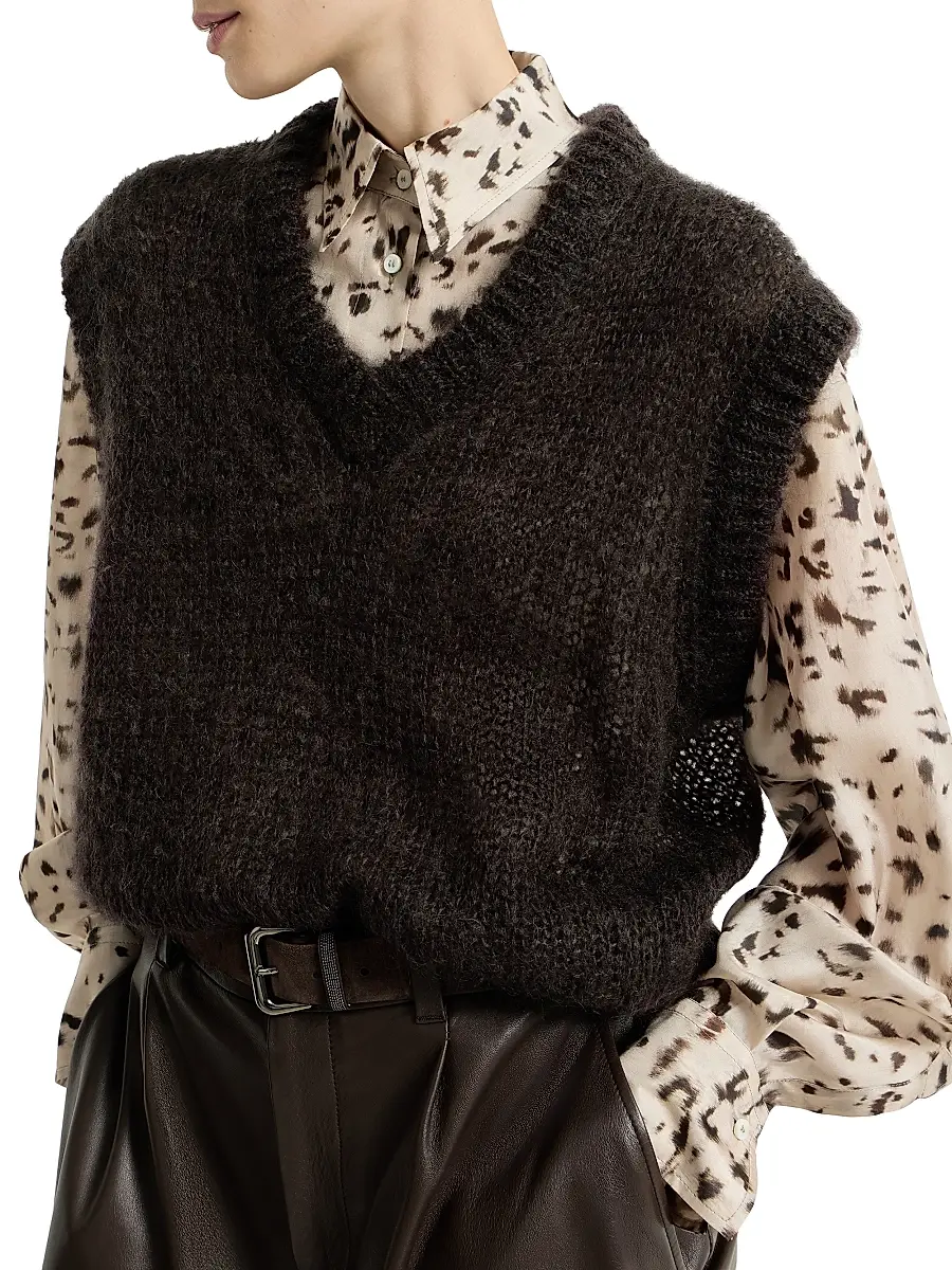 Brunello Cucinelli Women's Sparkling Mohair Sweater Vest with Monili - Pine Cone Brown | Thumbnail 3 Brunello Cucinelli Women's Sparkling Mohair Sweater Vest with Monili - Pine Cone Brown | Thumbnail 3