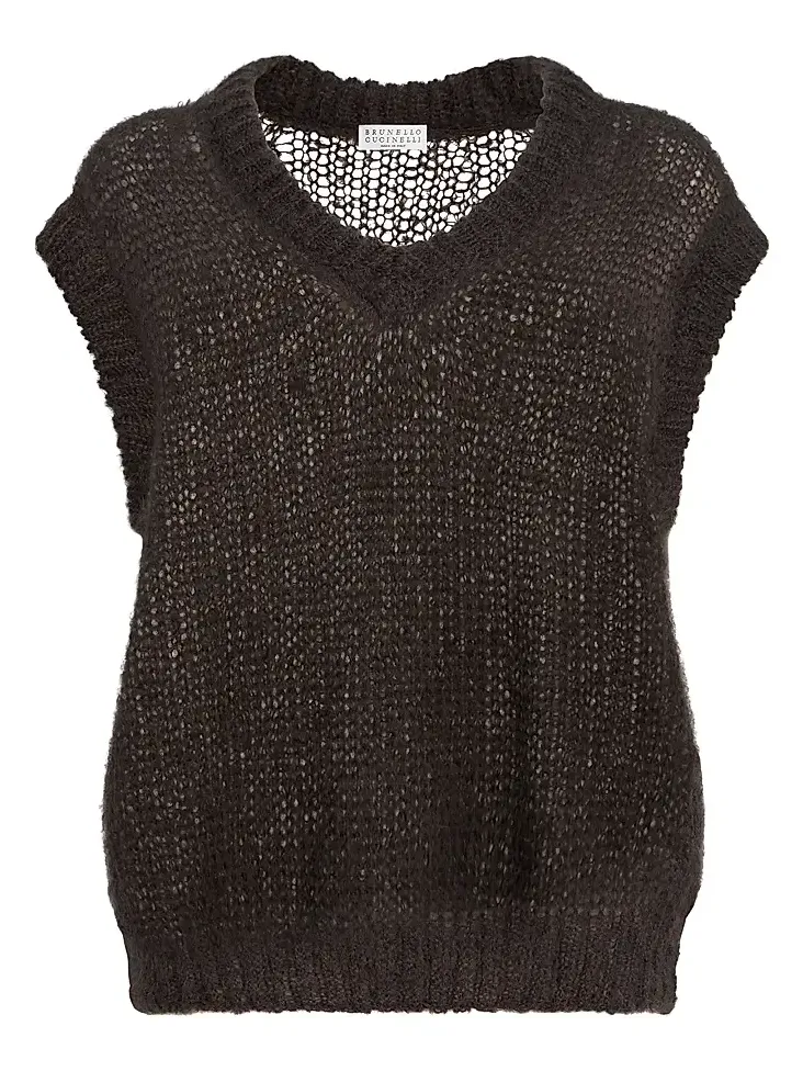 Brunello Cucinelli Women's Sparkling Mohair Sweater Vest with Monili - Pine Cone Brown