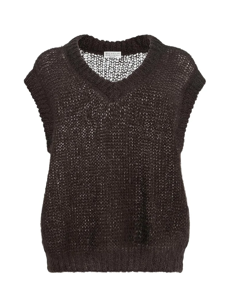 Brunello Cucinelli Women's Sparkling Mohair Sweater Vest with Monili - Pine Cone Brown