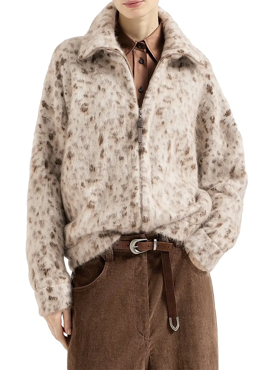 Brunello Cucinelli Women's Lynx Jacquard Cardigan in Mohair and Wool with Shiny Zipper Pull | Thumbnail 2 Brunello Cucinelli Women's Lynx Jacquard Cardigan in Mohair and Wool with Shiny Zipper Pull | Thumbnail 2