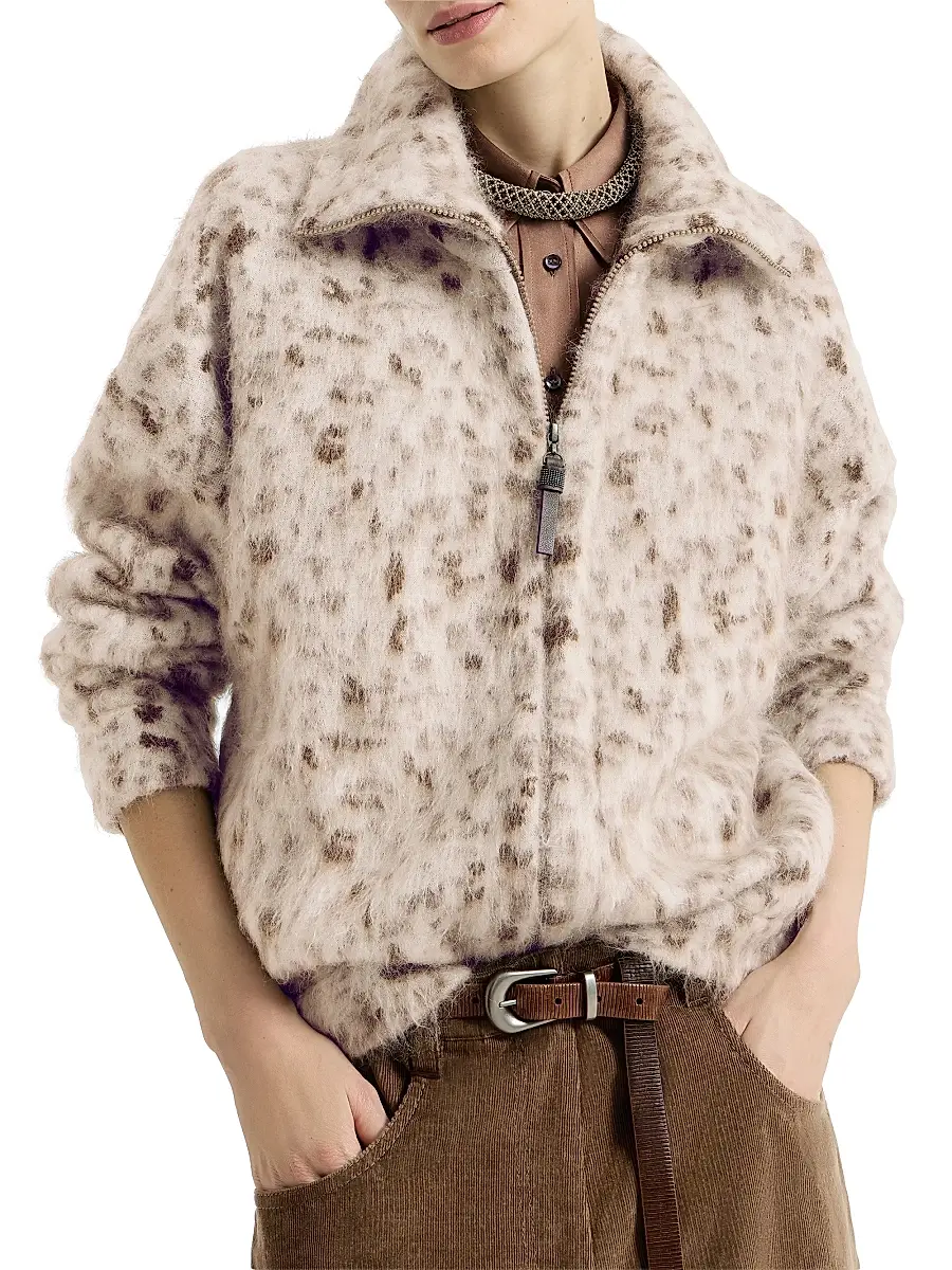 Brunello Cucinelli Women's Lynx Jacquard Cardigan in Mohair and Wool with Shiny Zipper Pull | Thumbnail 4 Brunello Cucinelli Women's Lynx Jacquard Cardigan in Mohair and Wool with Shiny Zipper Pull | Thumbnail 4
