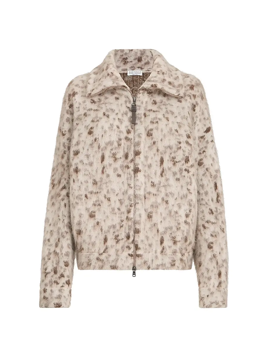 Brunello Cucinelli Women's Lynx Jacquard Cardigan in Mohair and Wool with Shiny Zipper Pull